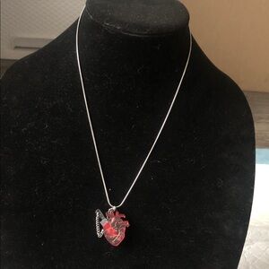 Red Anatomical Heart Pendant Necklace on Silver Chain - Women Jewelry